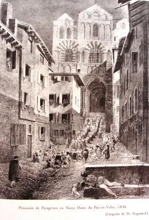 Au Puy en 1830, une procession sort de la cathédrale devantdeshabitants agenouillésla cathédrale