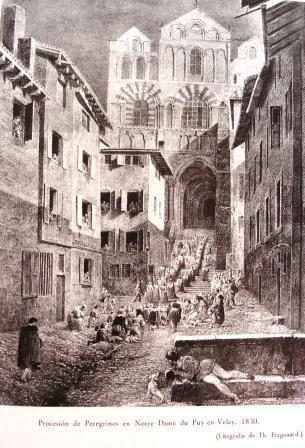 Au Puy en 1830, une procession sort de la cathédrale devantdeshabitants agenouillésla cathédrale Au Puy en 1830, une procession sort de la cathédrale devantdeshabitants agenouillésla cathédrale