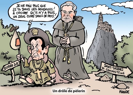 Sarko débute un pèlerinage incertain (dessin publié avec l'aimable autorisation de son auteur)