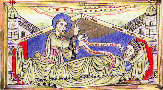Le songe de Charlemagne. Restitution d'une miniature de la Chronique de Turpin (dessin de J. Michel Le songe de Charlemagne. Restitution d'une miniature de la Chronique de Turpin (dessin de J. Michel