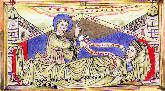 Saint Jacques montre la Voie lactée à Charlemagne (Codex Calixtinus, folio 162)