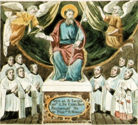 Au sommet du tableau, saint Jacques et le reliquaire Au sommet du tableau, saint Jacques et le reliquaire