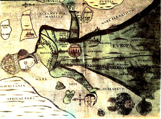 L’Europe, une reine dont le cœur est la Bohême (atlas de Heinrich Bünting (1545-1606) Itinerarum Sacrae Scripturae)
