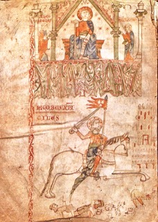Béranger de Landore en lutte contre les habitants de Compostelle sous l'oeil de saint Jacques.. Santiago, arch cath Tumbo 9, fol 1, 1326