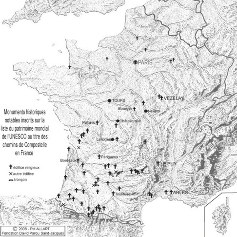 Localisation des 71 monuments inscrits au titre des chemins de Compostelle. Les 4 chemins n'apparaissent pas clairement