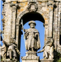Obradoiro, deux rois et saint Jacques pèlerin