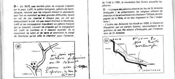 Annotations de Jacques sur le guide dont " Nous avons pris la route ombragée "