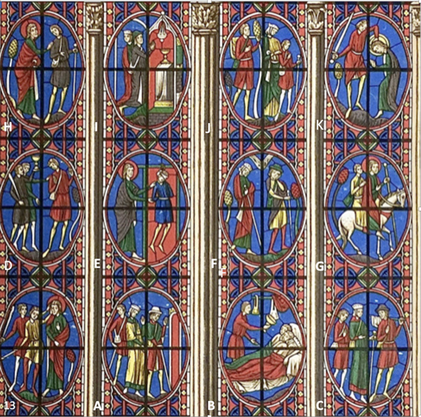 Dessin de la partie haute de la verrière 210, avec références des médaillons Dessin de la partie haute de la verrière 210, avec références des médaillons