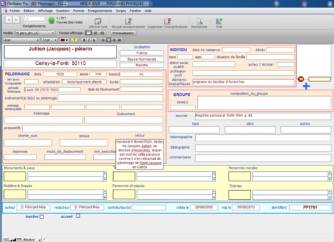 La fiche du pèlerin Jullien visible sur Internet avec File Maker