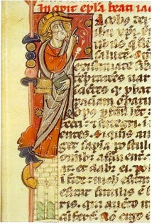 Saint Jacques invitant à lire l'Epître (Lettrine d'un manuscrit du XIVe conservé à Toulouse)