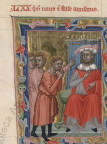 Détail de la première miniature (Vat. Lat. 8541 c. 38v) Quomodo unus est false accusatus (comment il a été injustement accusé). Détail de la première miniature (Vat. Lat. 8541 c. 38v) Quomodo unus est false accusatus (comment il a été injustement accusé).