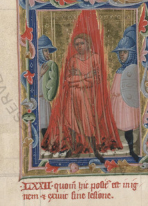 Détail de la quatrième miniature (Vat. Lat. 8541 c. 38v) Quomodo hic firmat se populo nulam habuisse lesionem (comment il confirme au peuple qu'il n'a eu aucune blessure). Détail de la quatrième miniature (Vat. Lat. 8541 c. 38v) Quomodo hic firmat se populo nulam habuisse lesionem (comment il confirme au peuple qu'il n'a eu aucune blessure).