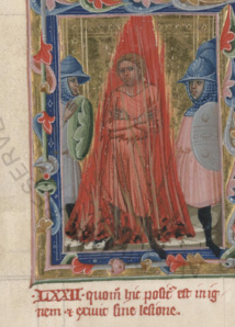 Détail de la quatrième miniature (Vat. Lat. 8541 c. 38v) Quomodo hic firmat se populo nulam habuisse lesionem (comment il confirme au peuple qu'il n'a eu aucune blessure).