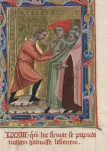 Le miracle du jeune homme de Prato pardonné par saint Jacques dans le Légendaire Angevin Hongrois, lettre 132