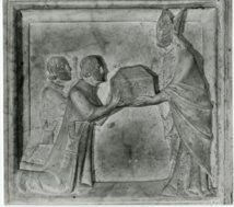 Détail du sépulcre de l'évêque Atto : Mediovillano et Tebaldo apportent le coffre avec la relique de saint Jacques à Atto (Agostino di Giovanni et Giovanni di Agostino da Siena, 1330-1340, cathédrale de Pistoia) Détail du sépulcre de l'évêque Atto : Mediovillano et Tebaldo apportent le coffre avec la relique de saint Jacques à Atto (Agostino di Giovanni et Giovanni di Agostino da Siena, 1330-1340, cathédrale de Pistoia)