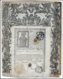 Compostela authentifiant le pèlerinage de Etienne Boret en 1749 ; A.D.24, J 2041-17 (Arch, Dep. 24)