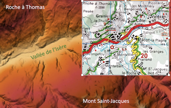 Les pieds sur chacun de ces monts, Saint Jacques assécha le fond de la vallée donnant à l'Isère son cours actuel. Les pieds sur chacun de ces monts, Saint Jacques assécha le fond de la vallée donnant à l'Isère son cours actuel.