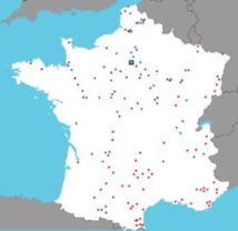 Carte des reliques de saint Jacques (en bleu, disparues ; en rouge, existantes)