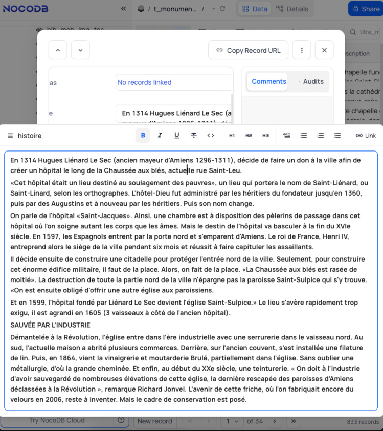 Exemple de formulaire NocoDB, histoire de l'Hôtel-Dieu d'Amiens