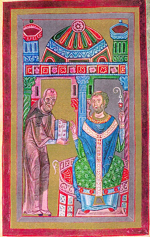 Le moine Gomez remet à Godescalc le manuscrit qu'il a fait copier en allant à Compostelle