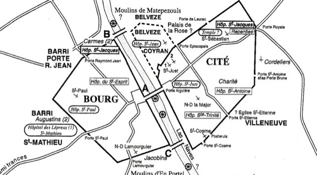 Emplacements des hopitaux à Narbonne (XIIe-XIIIe)