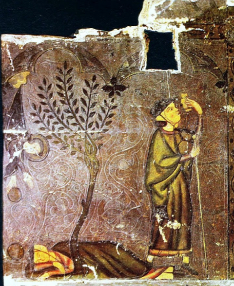 Panneau de bois peint avec une partie du retable de saint Jacques de l'église du village Sant Jaume de Frontanya, en Catalogne. Autour de 1300. Musée diocésain de Solsona. Image de Xacopedia.com