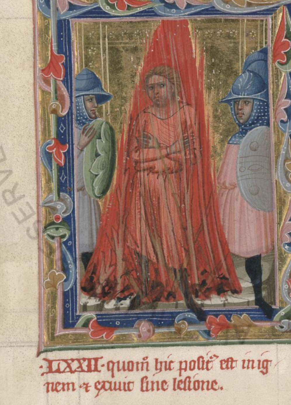 Détail de la quatrième miniature (Vat. Lat. 8541 c. 38v) Quomodo hic firmat se populo nulam habuisse lesionem (comment il confirme au peuple qu'il n'a eu aucune blessure).